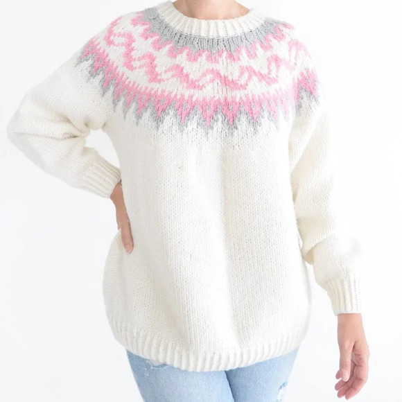 Vintage Handmade Cream Cowichan Chunky Fair Isle Icelandic Fisherman  Cabincore - Picture 1 of 13